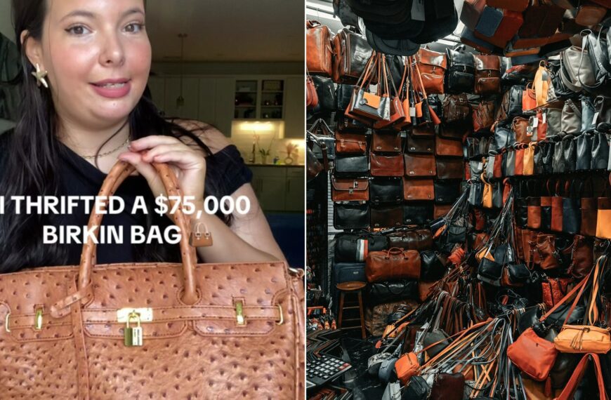Cover of @marewood's TikTok video beside an Unsplash photo by Clay Banks of leather handbags for sale in a small shop.