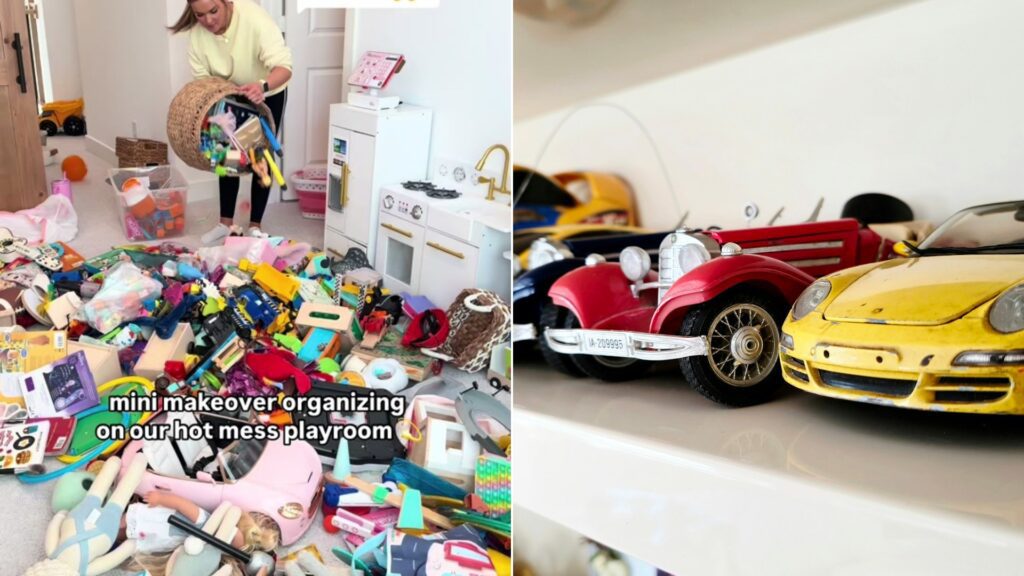 Cover of @sierra.honeycutt's TikTok video beside an Unsplash photo by Zoshua Colah of toy cars lined up on a white shelf.