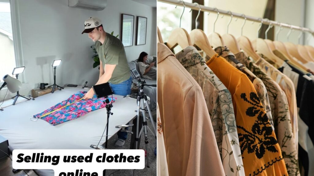 Cover of @rockwellresell's Instagram reel beside an Unsplash photo by Aviv Rachmadian of a row of patterned blouses on a clothing rack