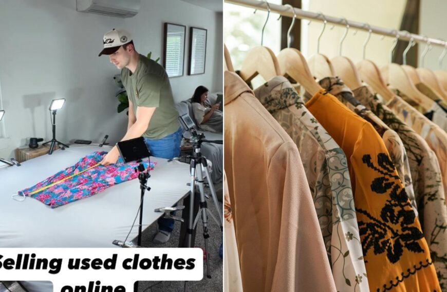 Cover of @rockwellresell's Instagram reel beside an Unsplash photo by Aviv Rachmadian of a row of patterned blouses on a clothing rack
