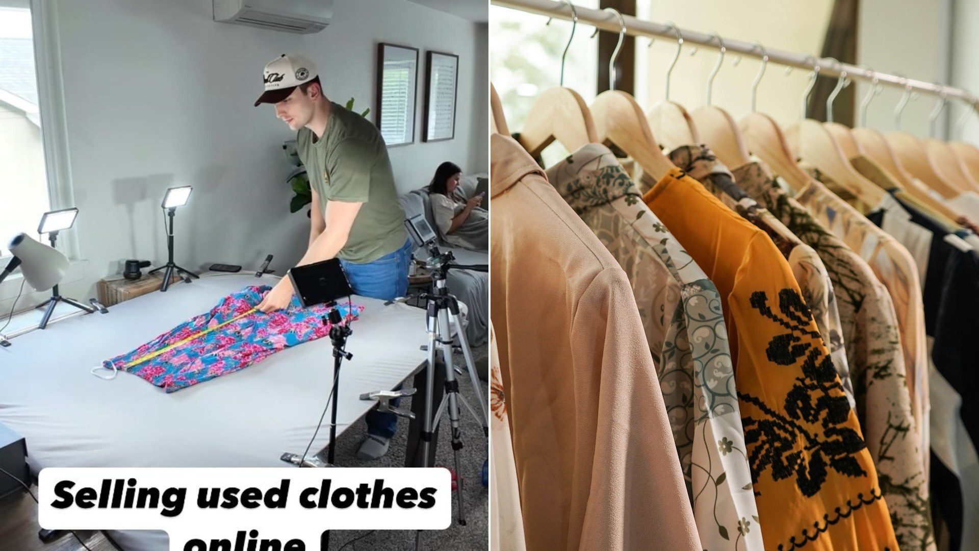 Cover of @rockwellresell's Instagram reel beside an Unsplash photo by Aviv Rachmadian of a row of patterned blouses on a clothing rack