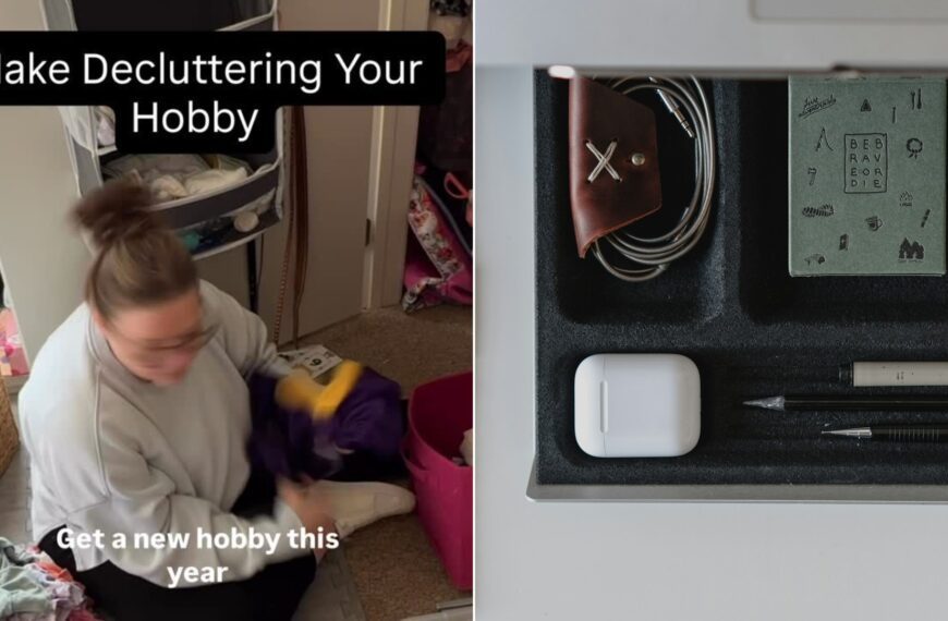 Cover of @organizedchaos4_audrey's Instagram reel beside an Unsplash photo by Lee Campbell of an opened drawer with pens and a purse