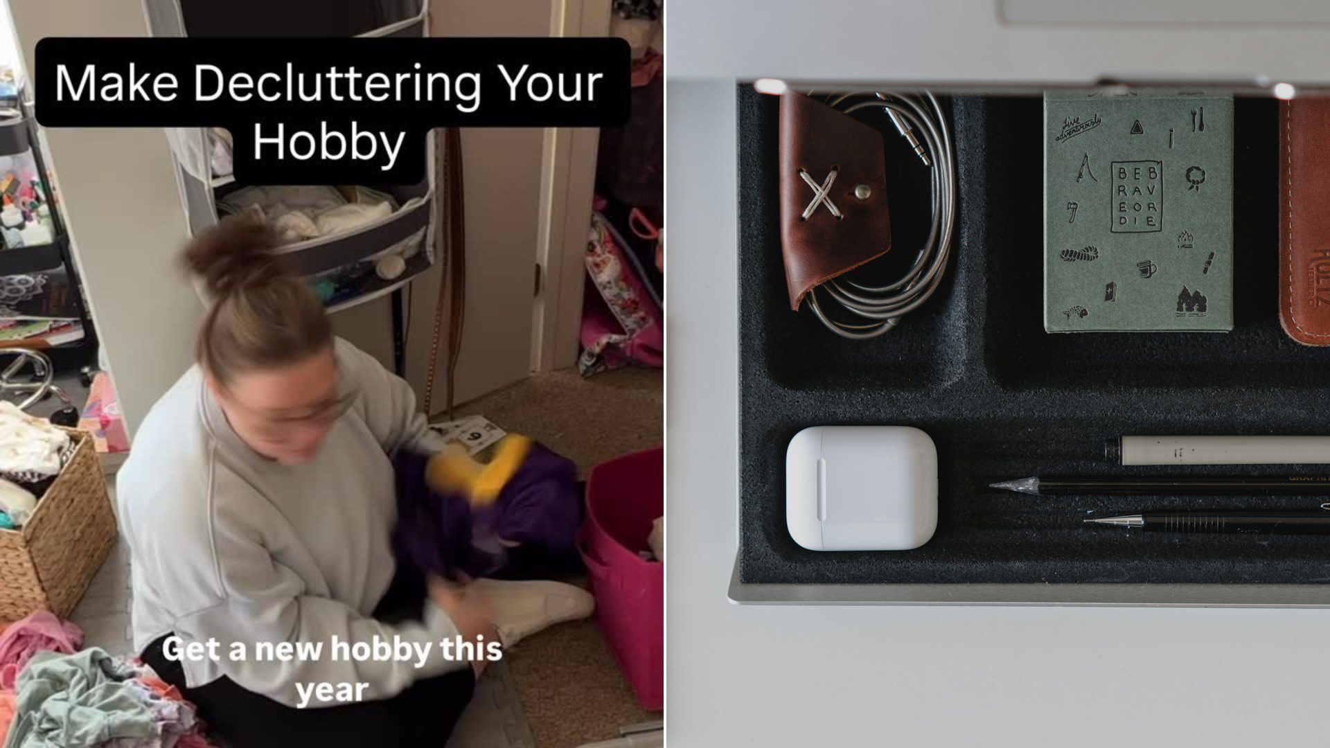 Cover of @organizedchaos4_audrey's Instagram reel beside an Unsplash photo by Lee Campbell of an opened drawer with pens and a purse