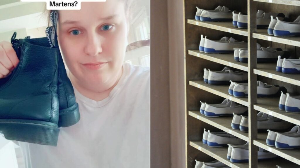 Cover of @downsizeupgrade's Instagram reel beside an Unsplash photo by Priscilla Du Preez of white and blue shoes in a rack
