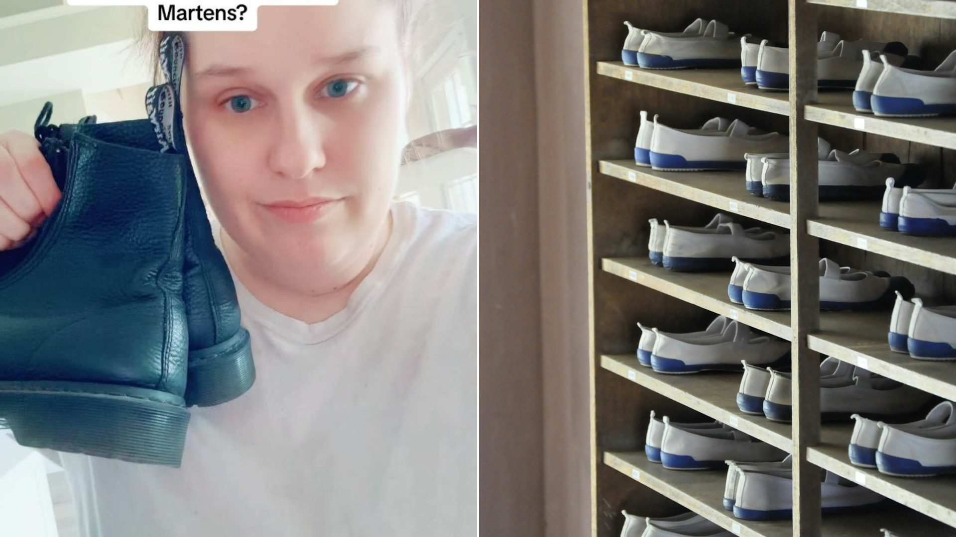 Cover of @downsizeupgrade's Instagram reel beside an Unsplash photo by Priscilla Du Preez of white and blue shoes in a rack