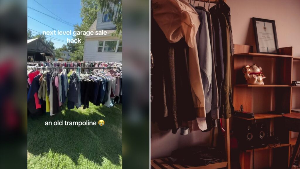 Garage Sale Seller Turned an Old Trampoline Into a Clothing Rack and the Shopper Who Spotted It Could Not Believe How Smart It Was