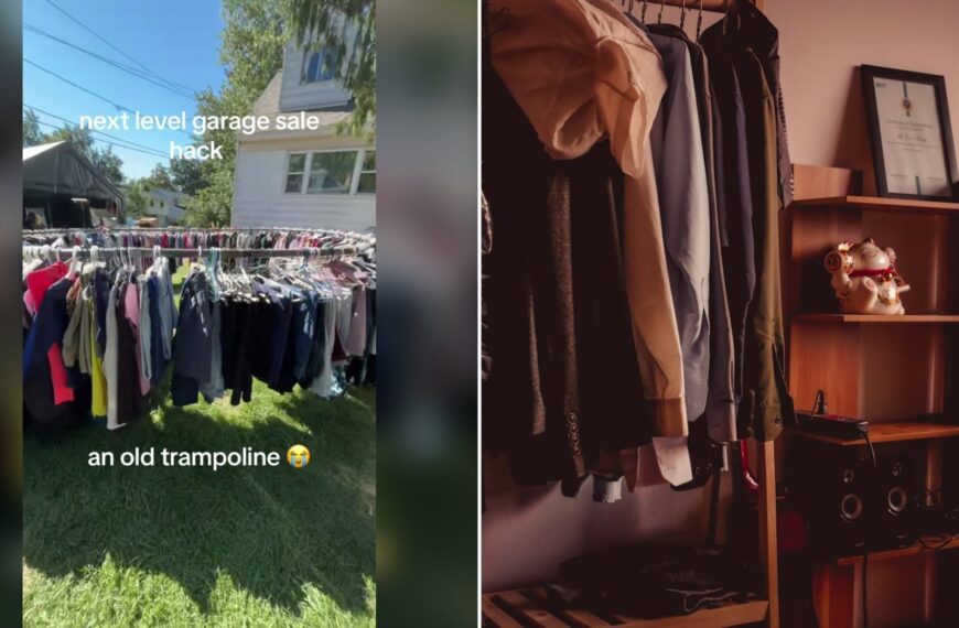 Garage Sale Seller Turned an Old Trampoline Into a Clothing Rack and the Shopper Who Spotted It Could Not Believe How Smart It Was