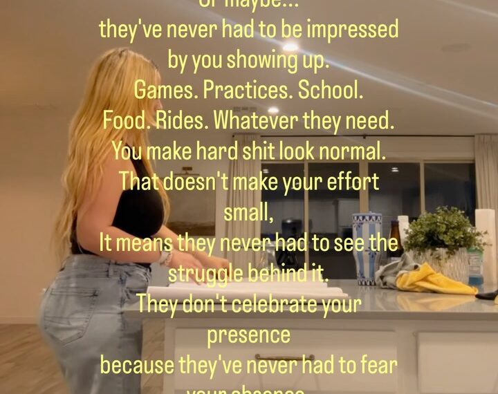 A woman with long blonde hair in a black tank top and jeans packs a cardboard box at a white kitchen counter, with yellow text over the frame about kids not appreciating what parents do (still from the creator's Instagram video)