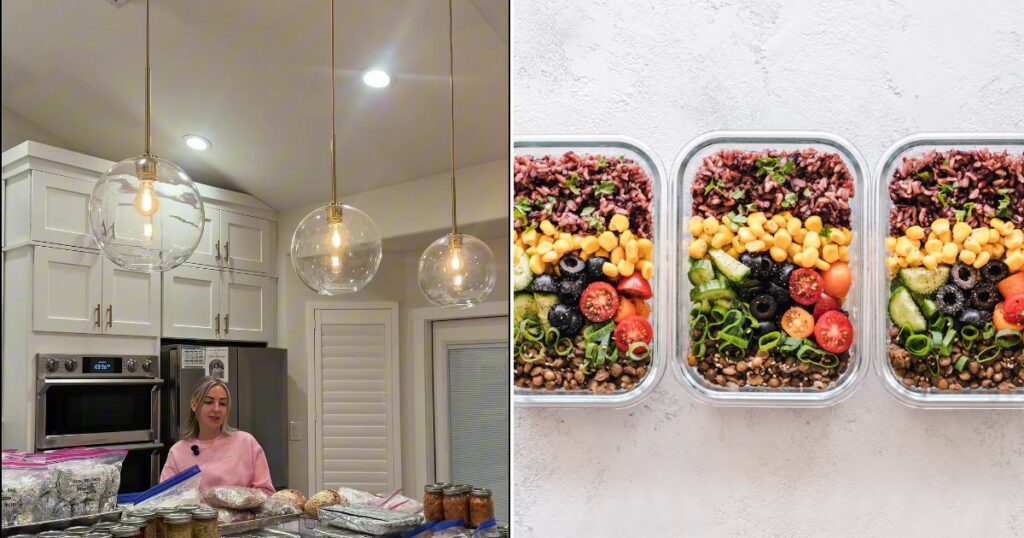 Meal prep containers filled with fresh food