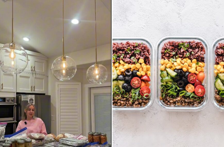 Meal prep containers filled with fresh food