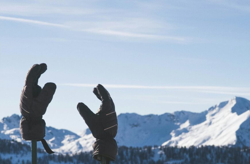 Two warm gloves hanging on a stick on a cold day.