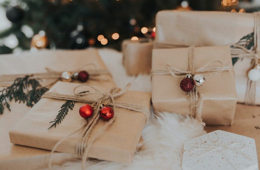 A stack of brown gift boxes is ready for the holidays.