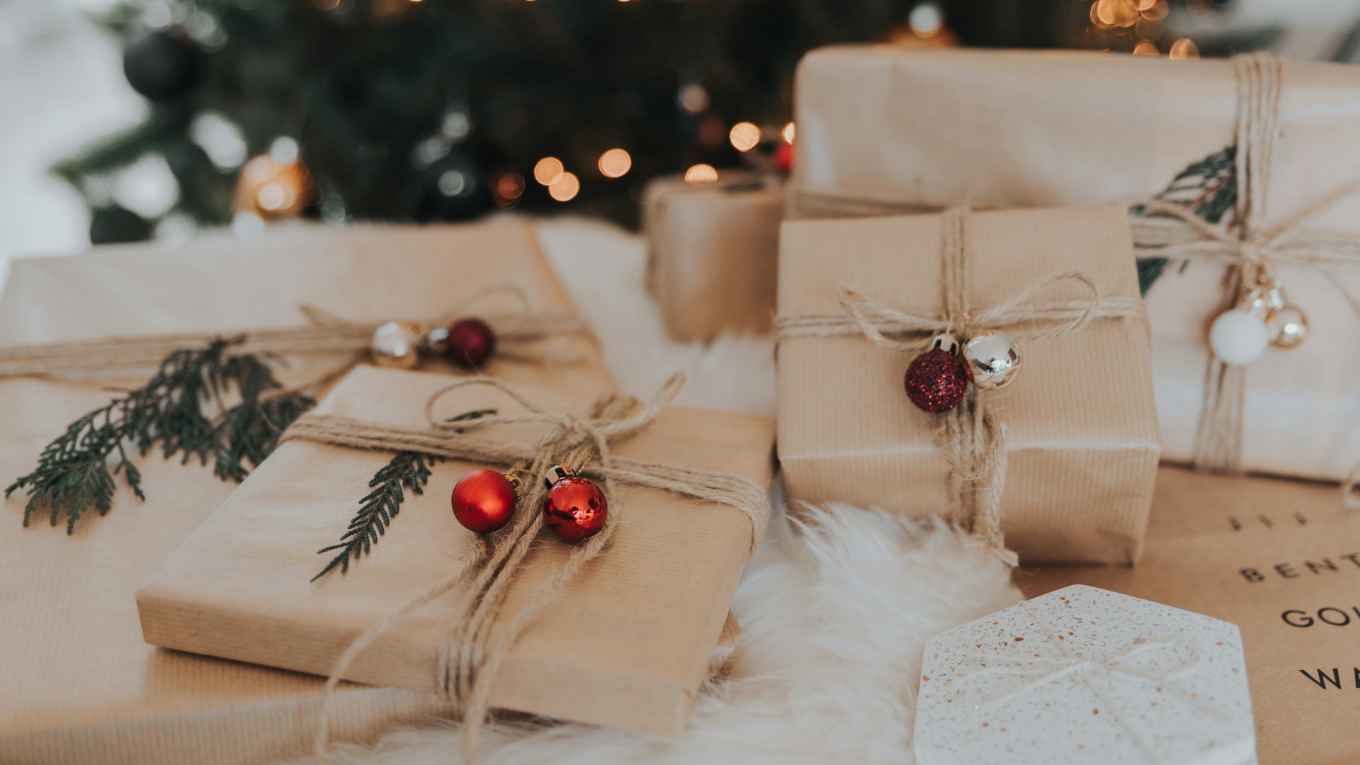 A stack of brown gift boxes is ready for the holidays.