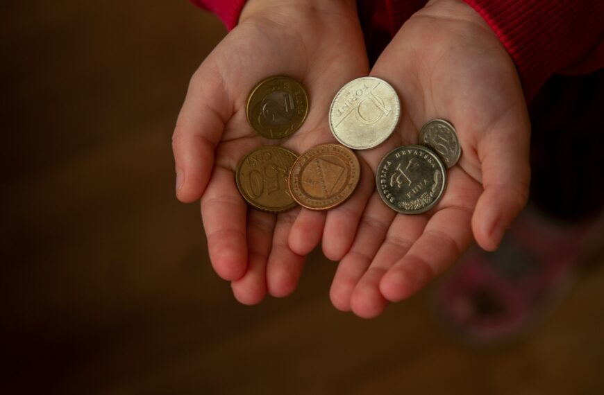 A pair of hands holds a small pile of silver coins.