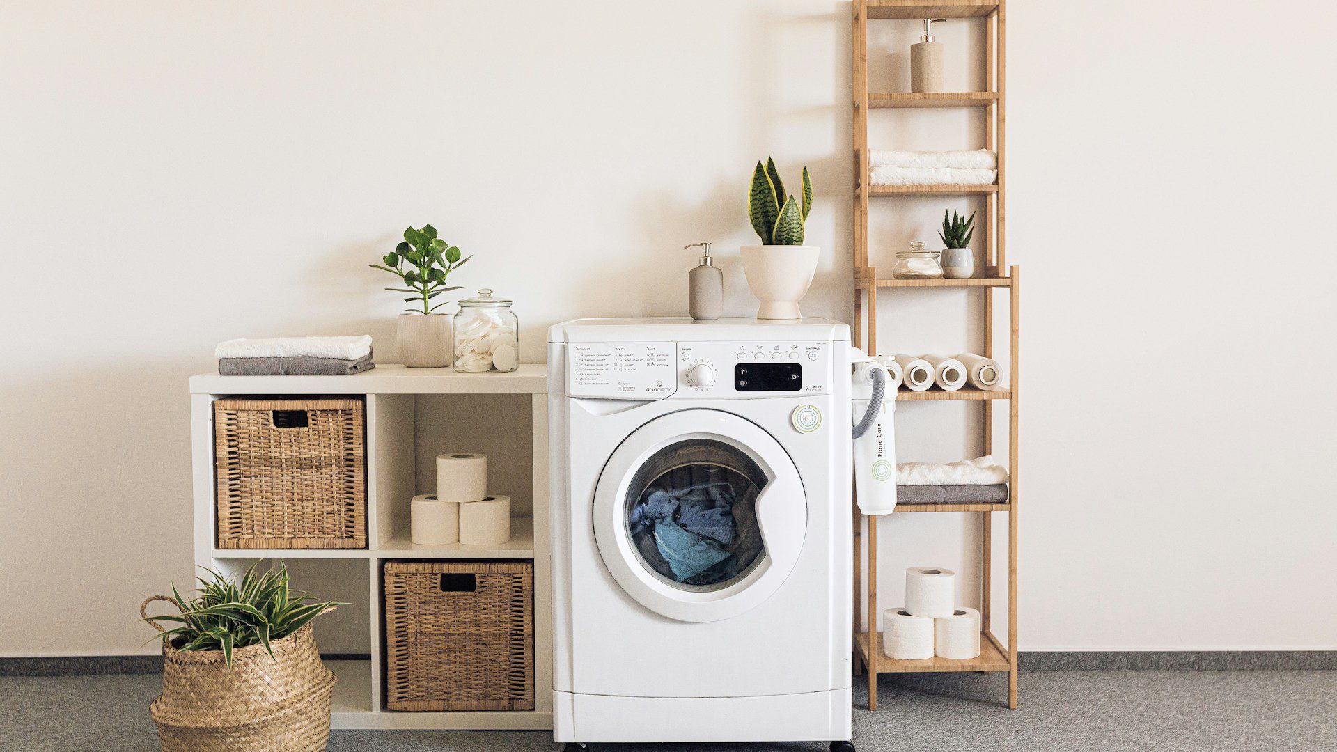 A washer and dryer stand side by side in a bright laundry room.