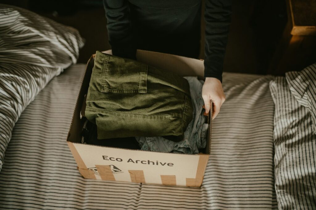 Boxes of clothes ready for donation