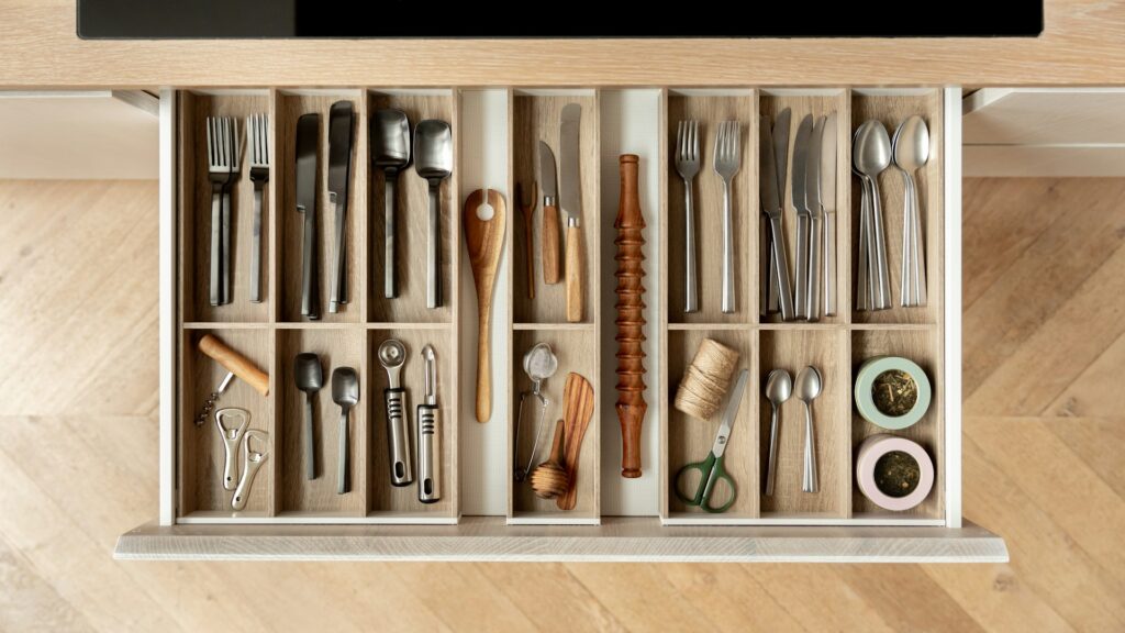 A kitchen drawer holds neatly sorted utensils and cutlery.