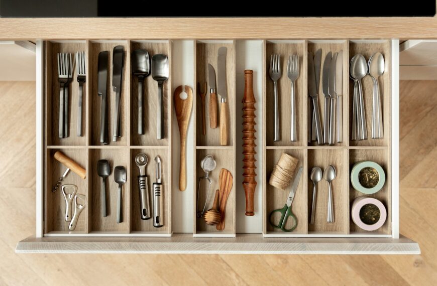 A kitchen drawer holds neatly sorted utensils and cutlery.