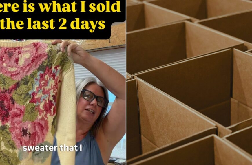Reseller beside neatly displayed items that sold online