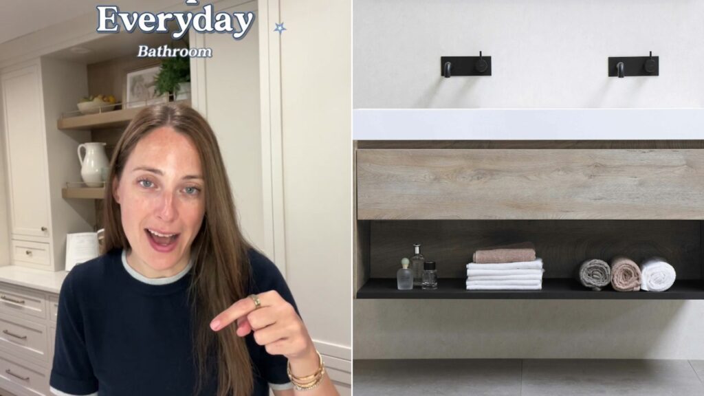 Professional organizer beside a clean bathroom counter