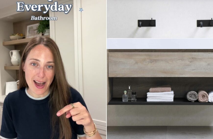 Professional organizer beside a clean bathroom counter