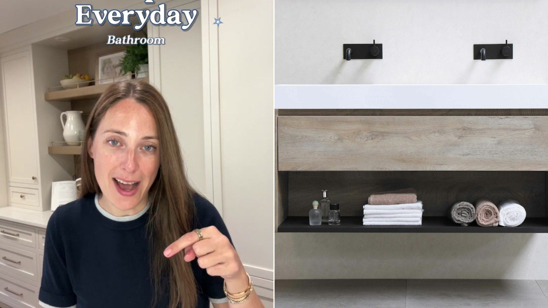 Professional organizer beside a clean bathroom counter