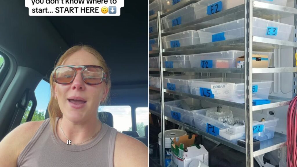 Professional organizer beside neatly organized storage bins