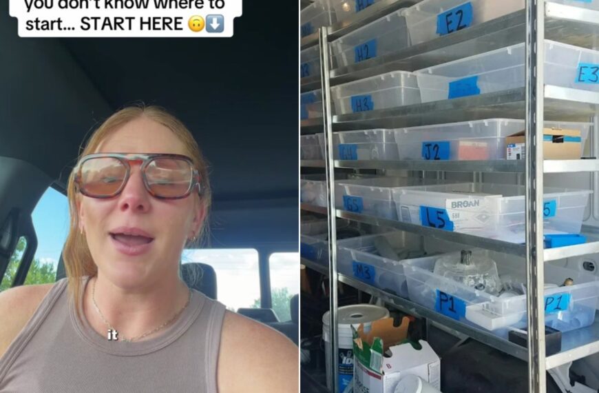 Professional organizer beside neatly organized storage bins