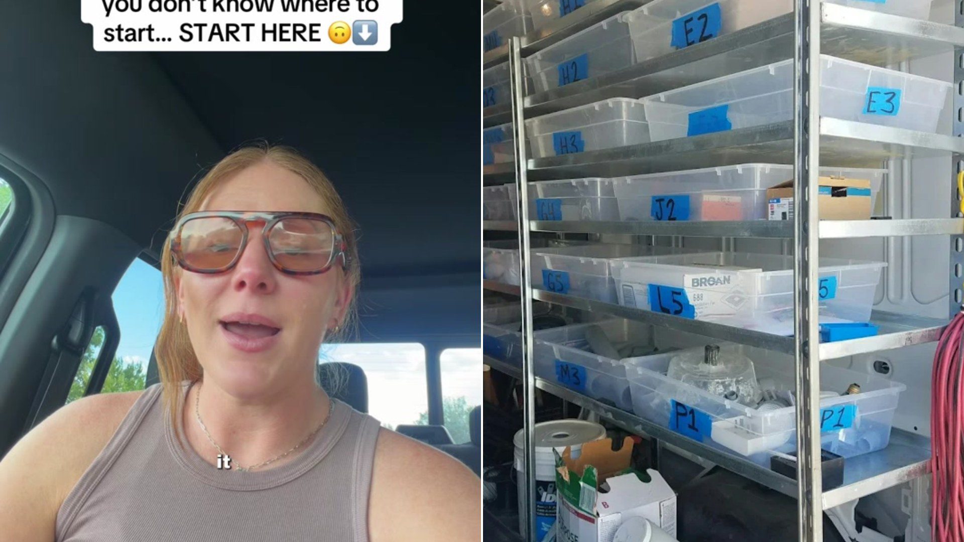 Professional organizer beside neatly organized storage bins