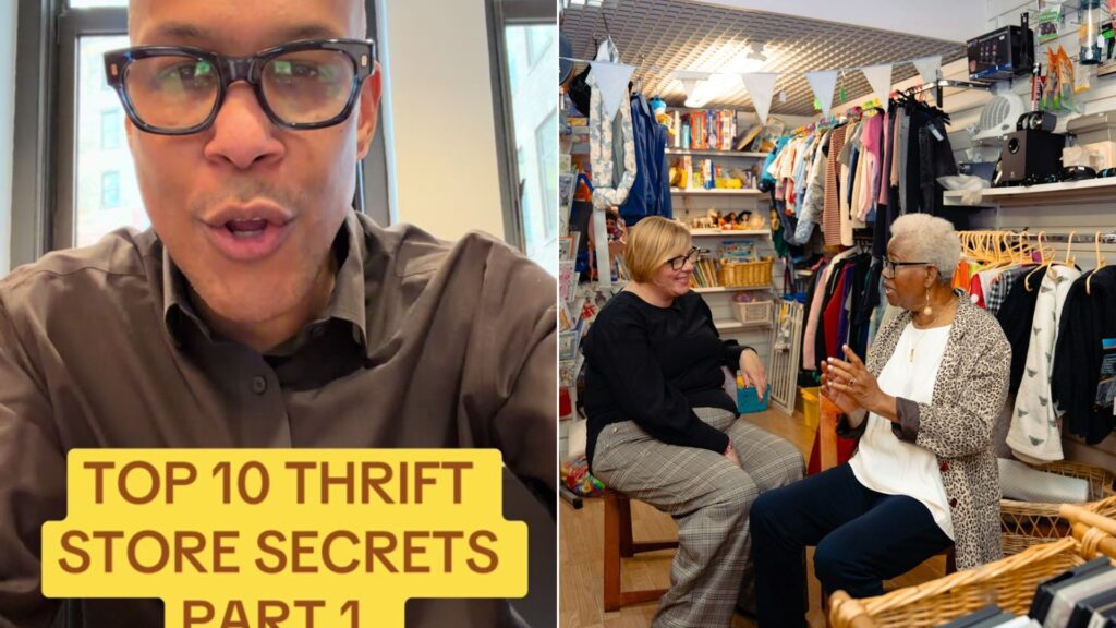 Thrift shopper beside racks of secondhand finds