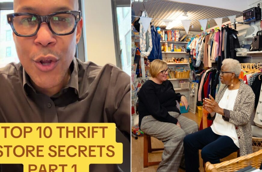 Thrift shopper beside racks of secondhand finds